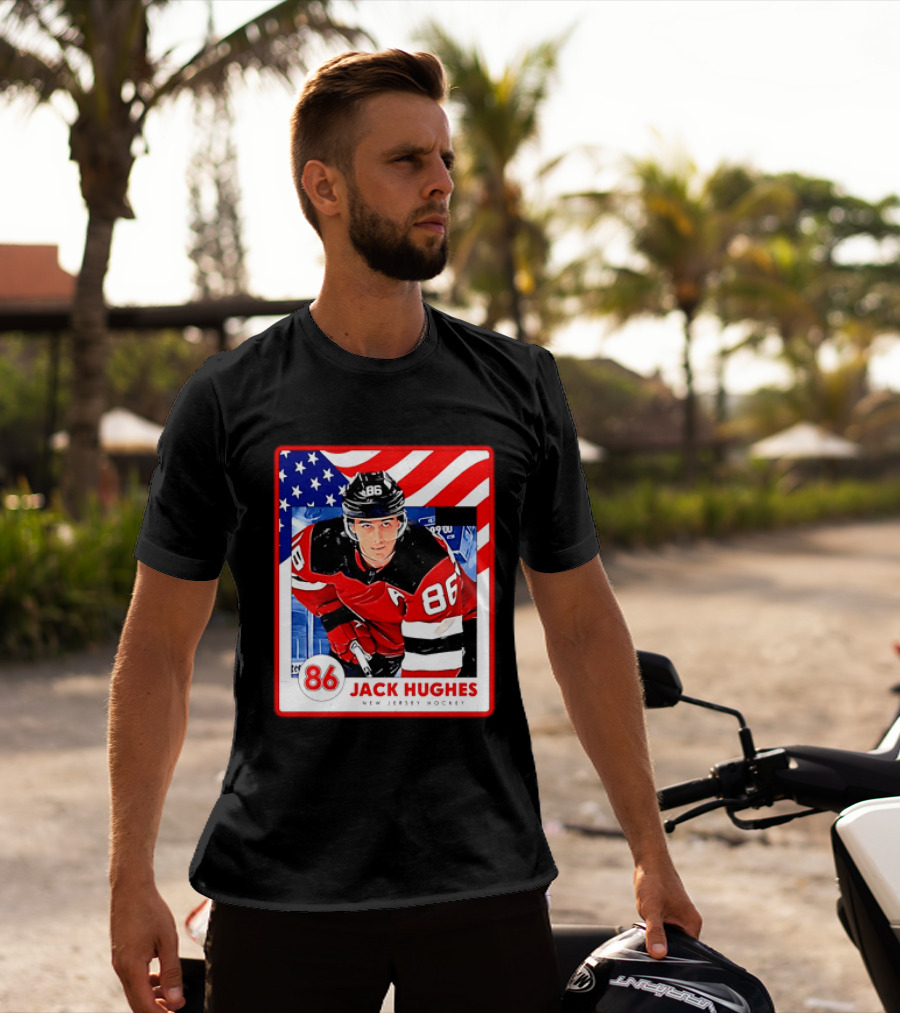 Jack Hughes 86 New Jersey Hockey American Flag T-Shirt
