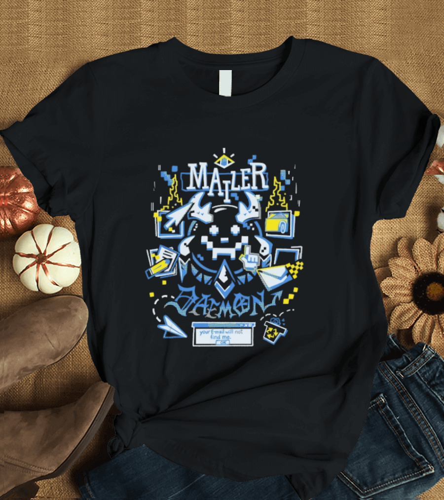 Mailer Daemon Your Email Will Not Find Me OK Tech Pixel Art Arrows Flames T-Shirt