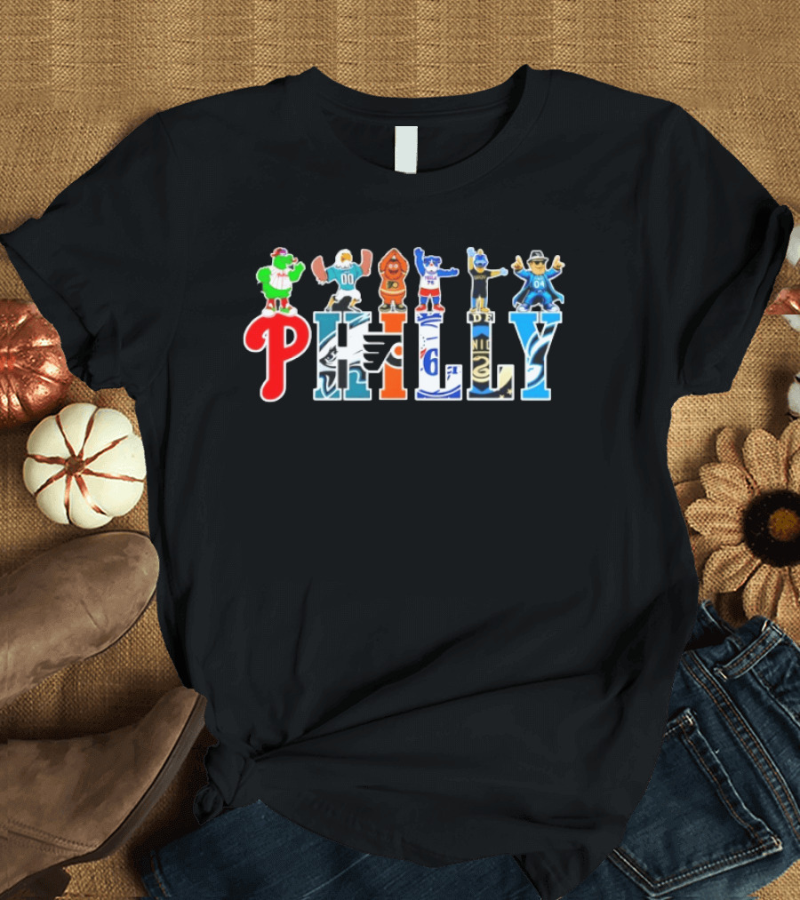 Philadelphia Phillies Eagles Flyers 76ers Philly Sports Team Characters T-Shirt