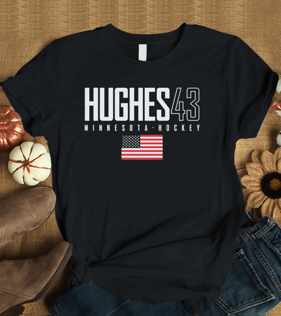 Hughes 43 Minnesota Hockey USA Flag T-Shirt
