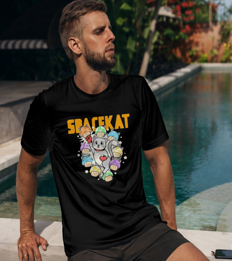 Spacekat Cat Surrounded By Colorful Mushroom Characters T-Shirt