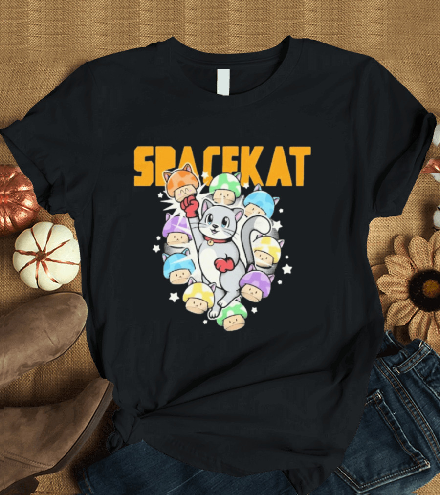 Spacekat Cat Surrounded By Colorful Mushroom Characters T-Shirt