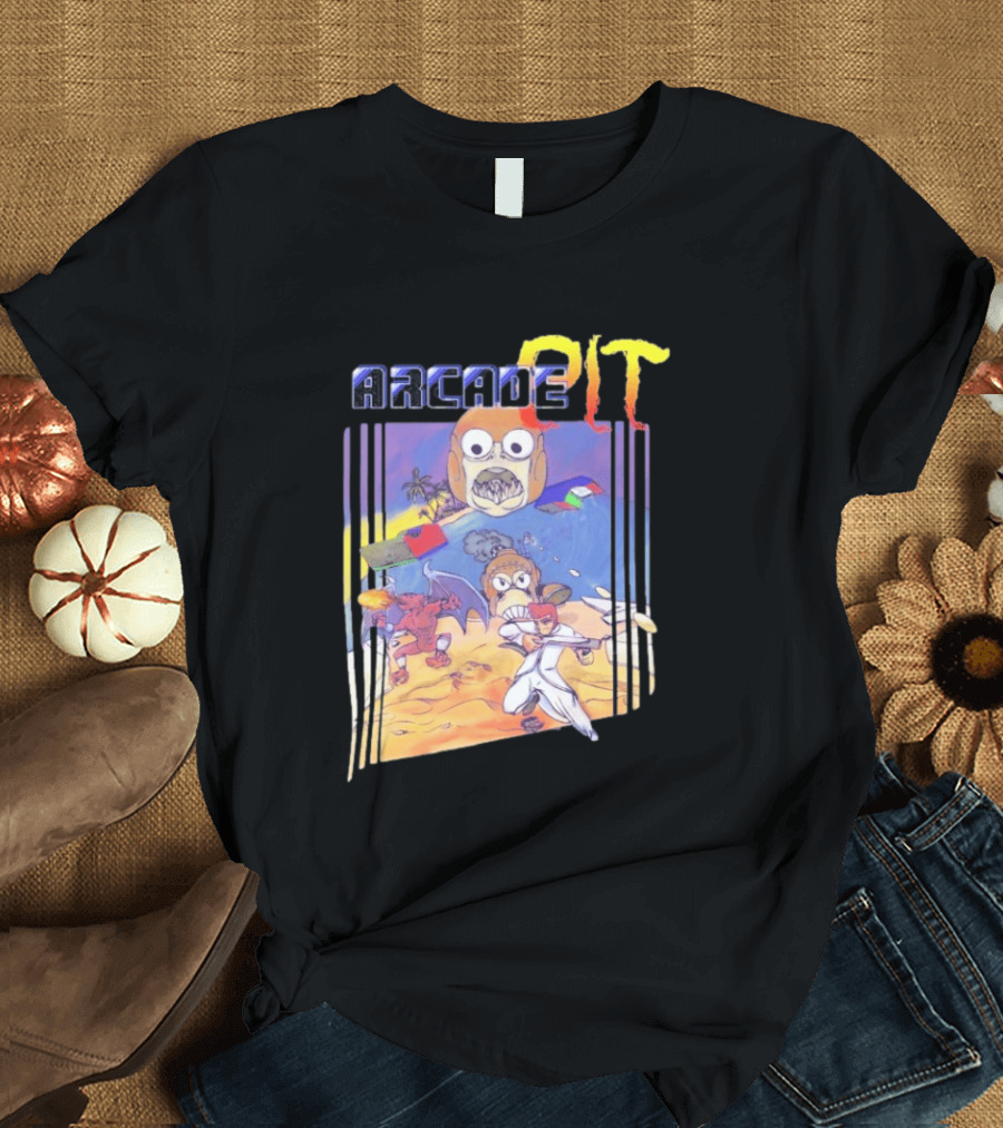 Arcade Pit Smight X Contra Characters And Cartoon Face Beach Scene T-Shirt