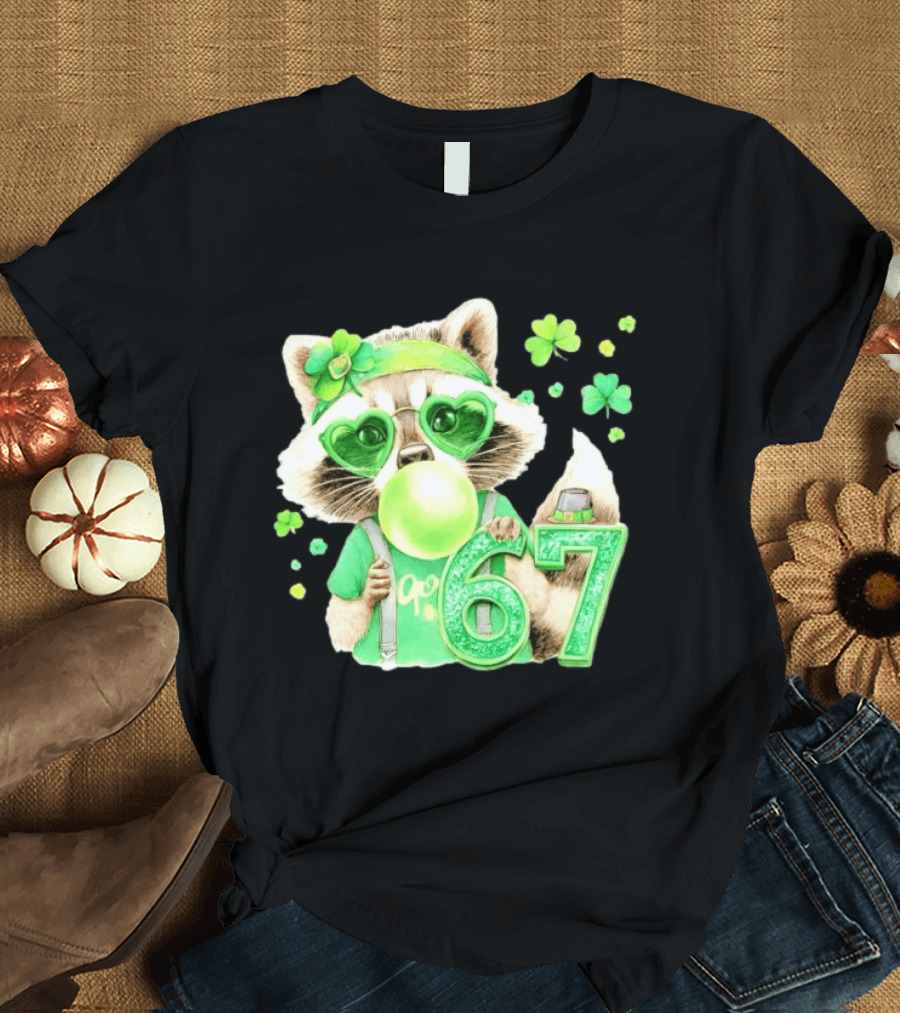 St Patrick's Day Raccoon With Shamrock Heart Glasses And 67 Bubblegum T-Shirt