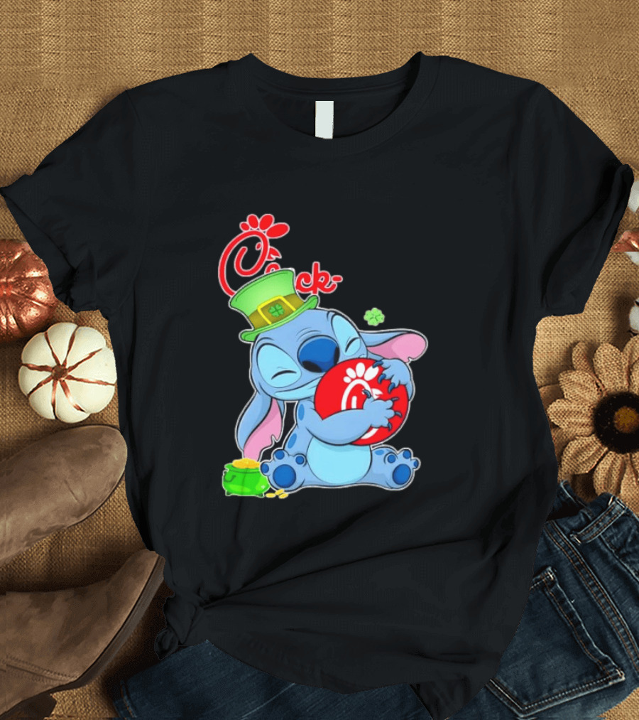 Stitch Holding Chick Fil A Logo With St. Patrick's Day Hat And Clover T-Shirt
