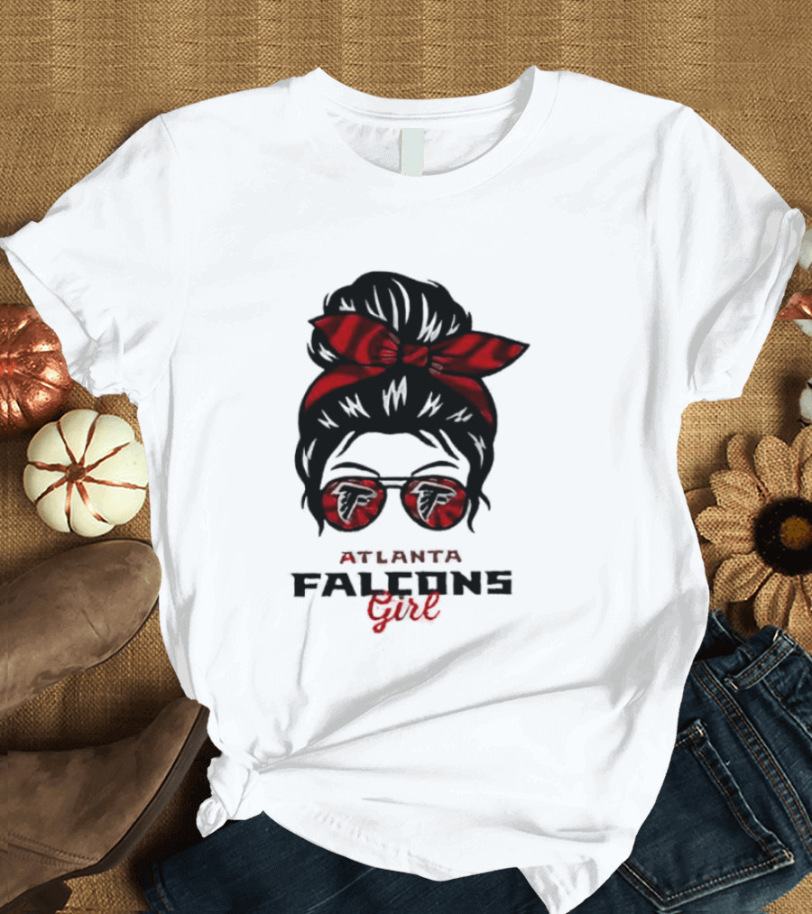 Atlanta Falcons Girl Messy Bun 2026 Bow Sunglasses T-Shirt