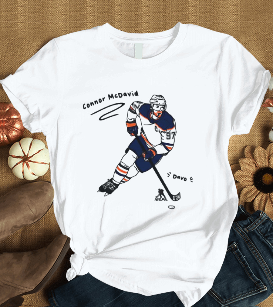Connor McDavid Edmonton Oilers Hockey Davo Cartoon NHL Player Sketch T-Shirt