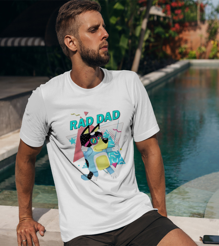 Blue Dog Rad Dad Retro Vibes With Sunglasses And Geometric T-Shirt