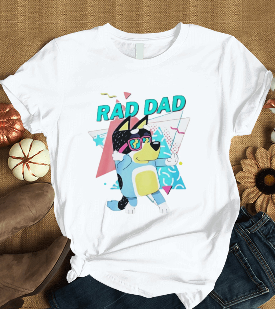 Blue Dog Rad Dad Retro Vibes With Sunglasses And Geometric T-Shirt