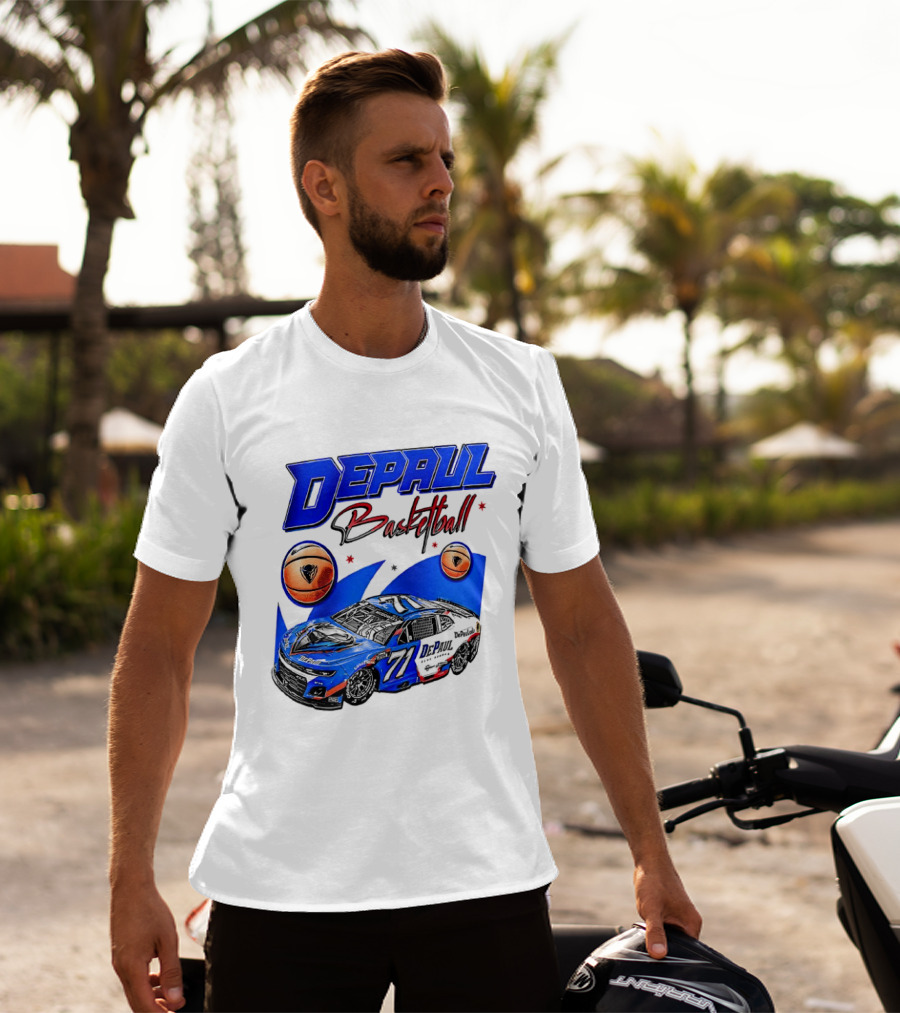DePaul Basketball NASCAR Collaboration With Blue Race Car And Basketball T-Shirt