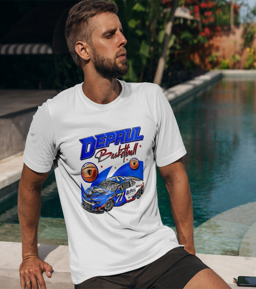 DePaul Basketball NASCAR Collaboration With Blue Race Car And Basketball T-Shirt