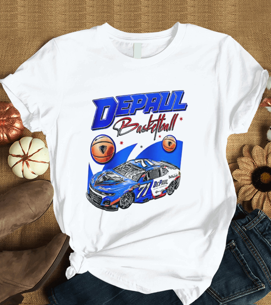 DePaul Basketball NASCAR Collaboration With Blue Race Car And Basketball T-Shirt