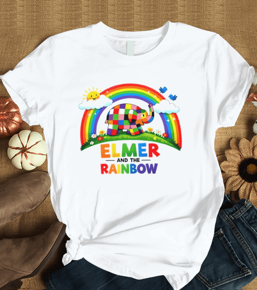 Elmer And The Rainbow Colorful Elephant With Sun And Birds T-Shirt