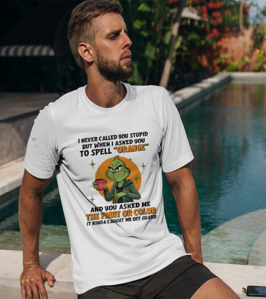 Grinch I Never Called You Stupid But When I Asked You To Spell Orange And You Asked Me The Fruit Or Color It Kinda Caught Me Off Guard T-Shirt