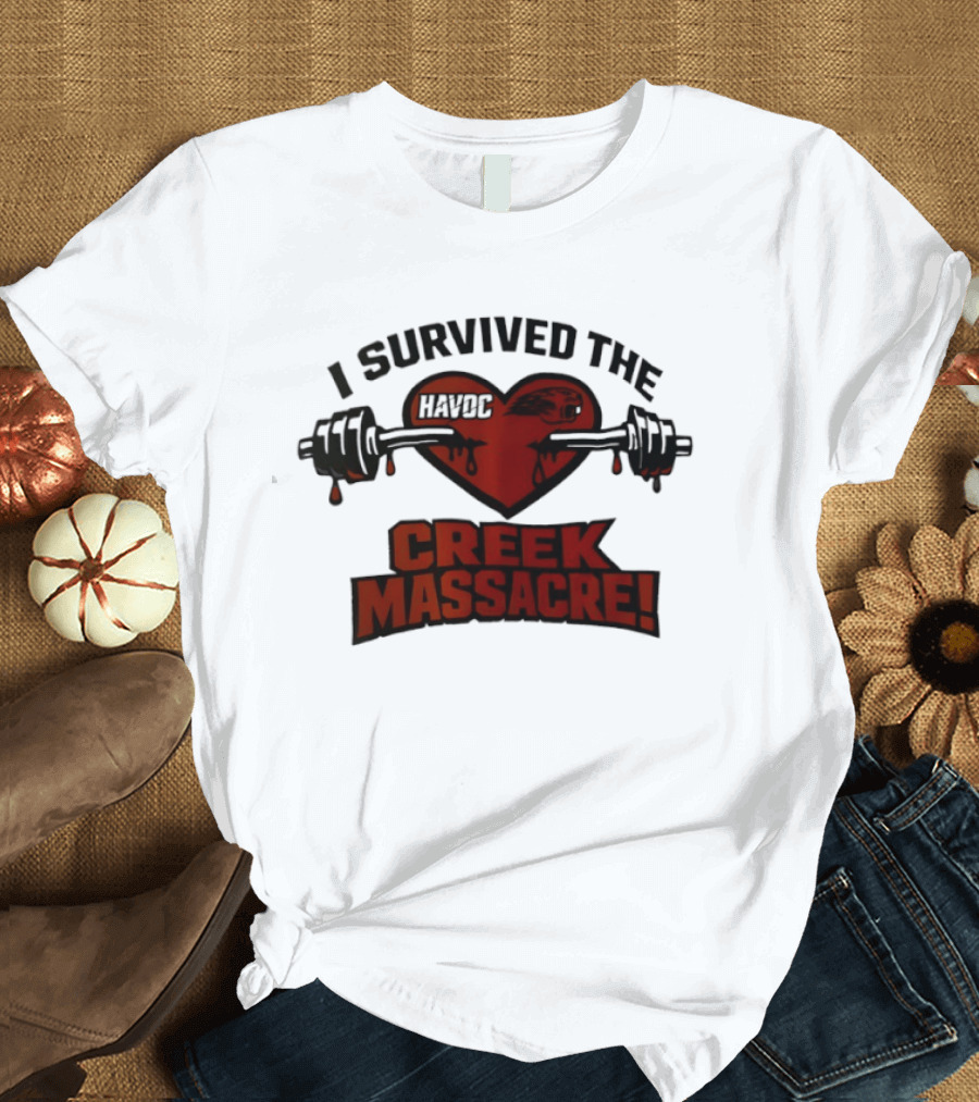I Survived The Havoc Creek Massacre Heart Barbell Blood Gym Horror T-Shirt