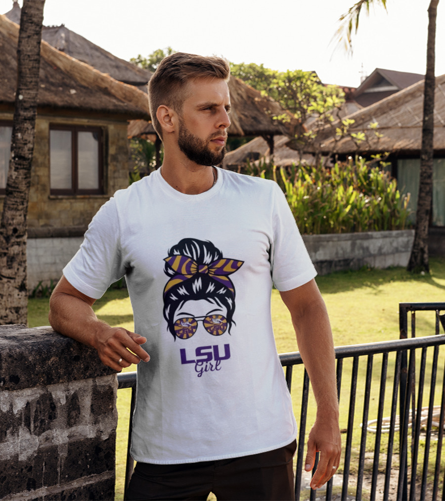 LSU Tigers Girl Purple Yellow Stripes Messy Bun Glasses T-Shirt