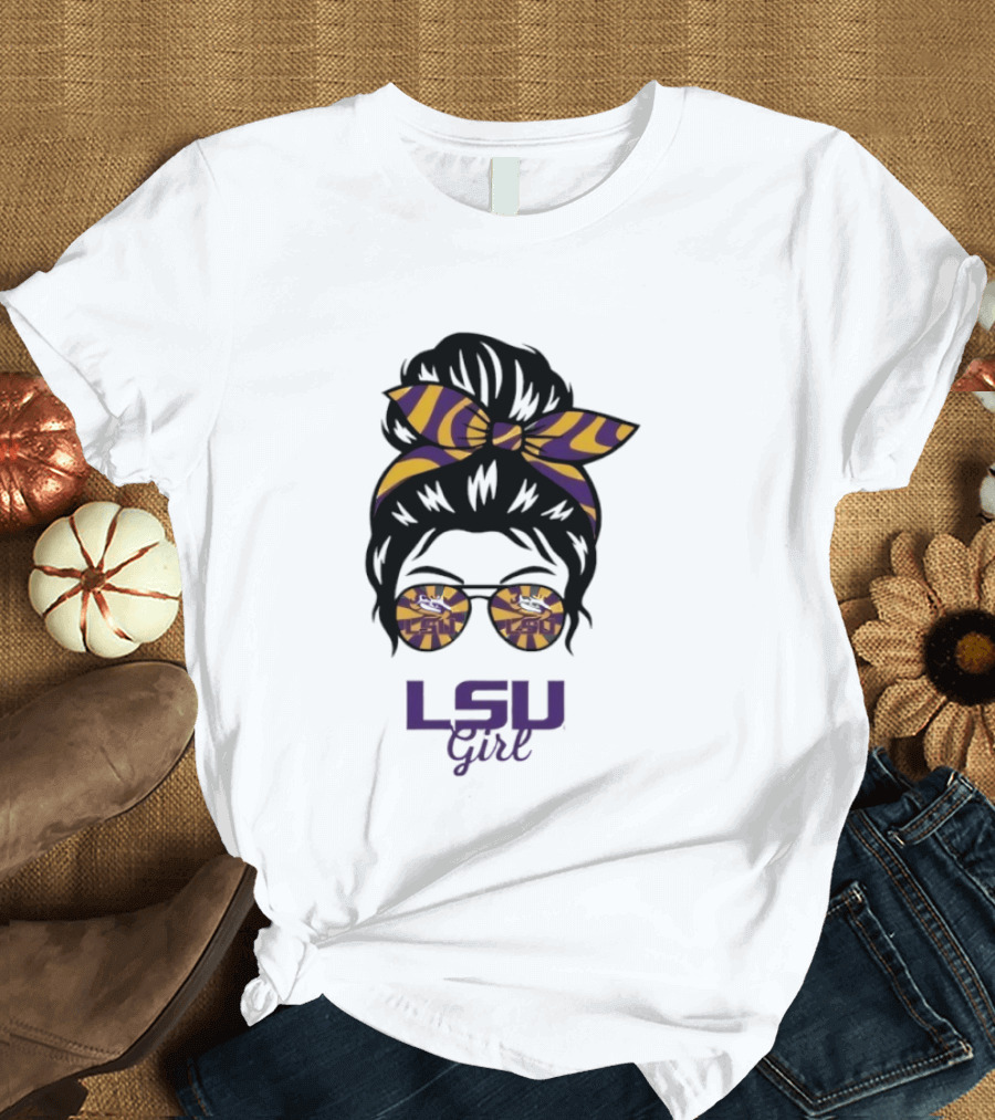 LSU Tigers Girl Purple Yellow Stripes Messy Bun Glasses T-Shirt