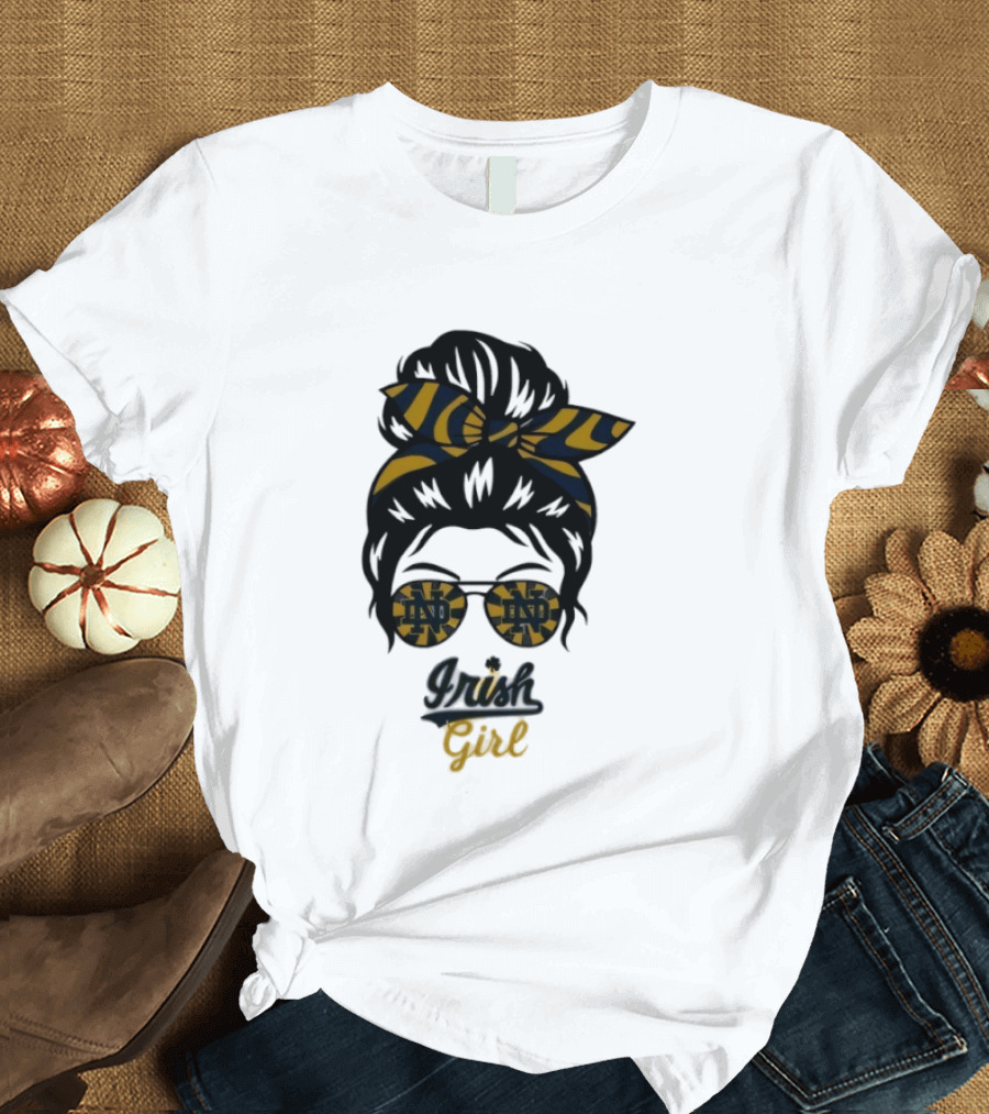 Notre Dame Irish Girl Messy Bun ND Glasses Bow T-Shirt