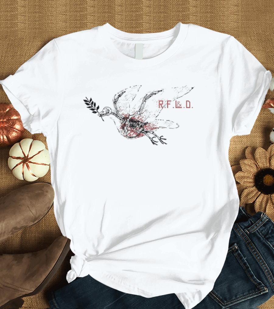 RF&D Skeleton Bird Holding A Twig In Dark Red Tones T-Shirt