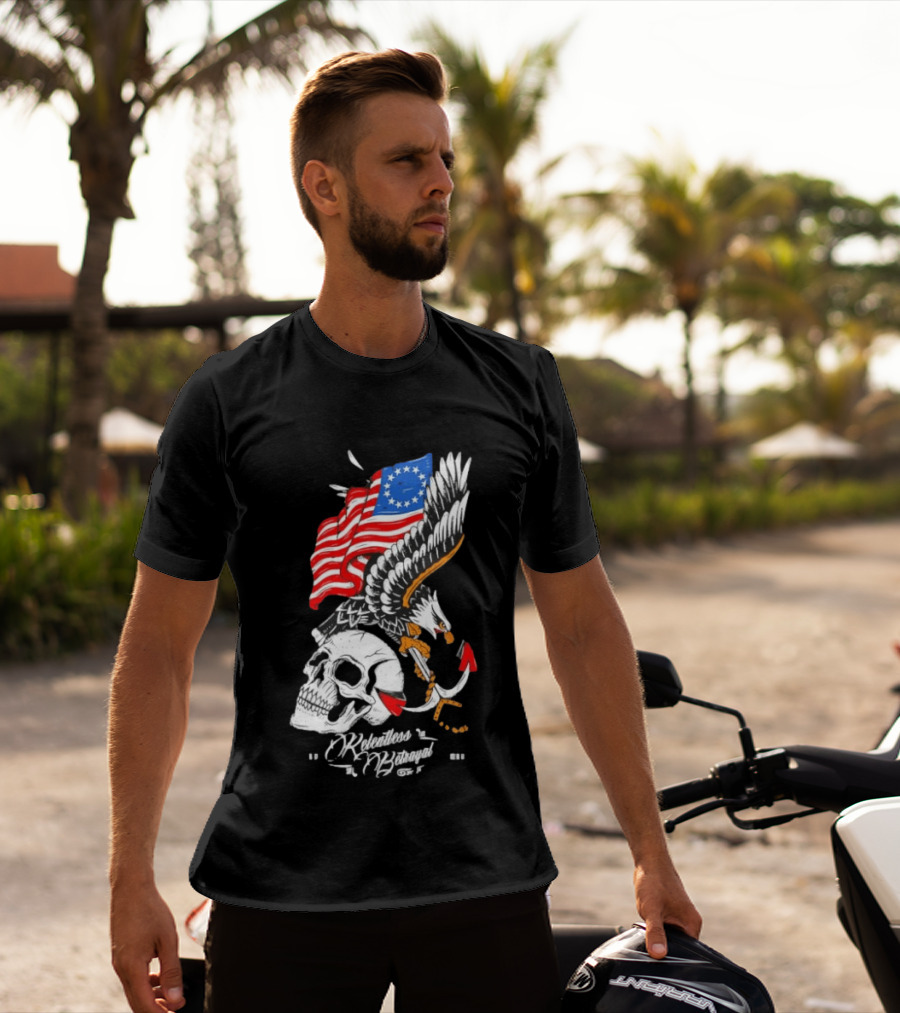 Rebellious Freedom Skull Eagle Anchor American Flag T-Shirt