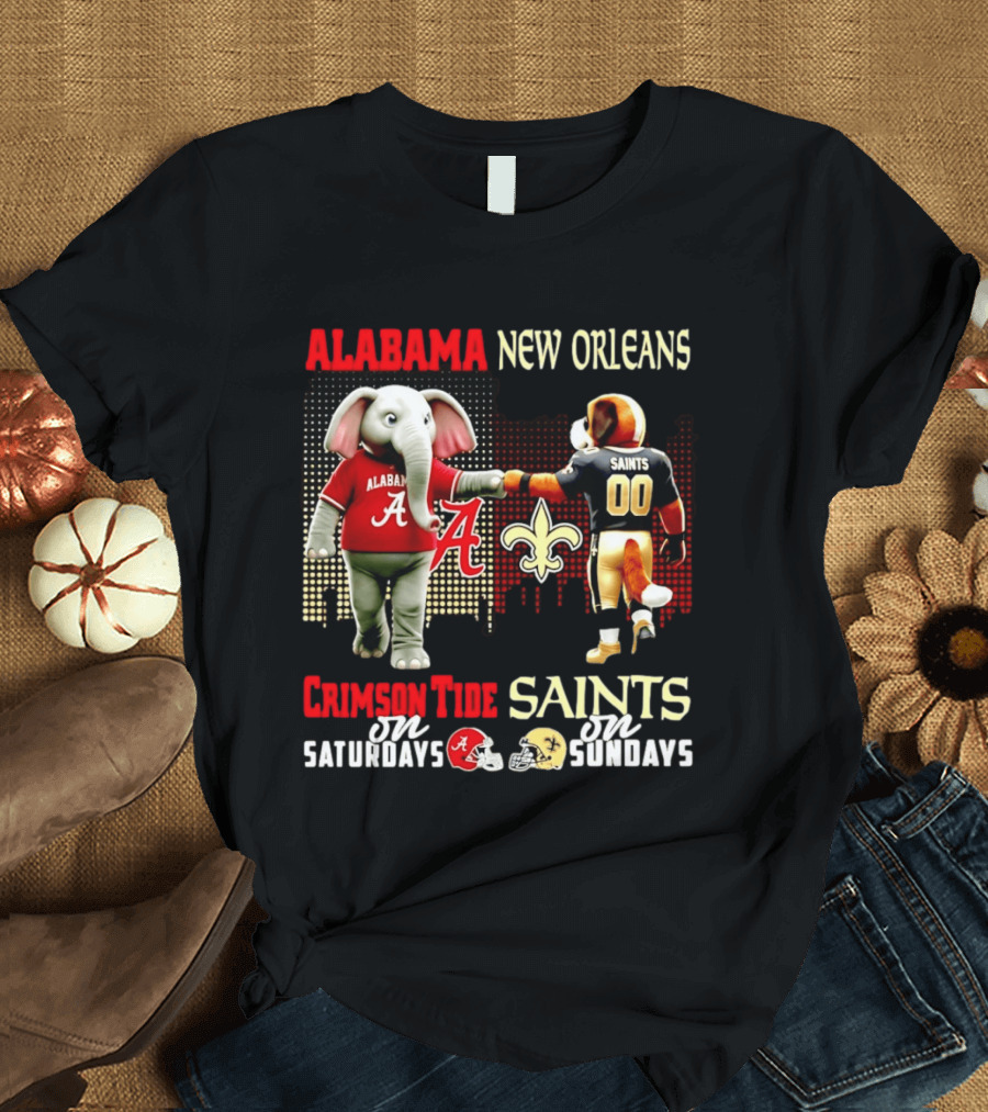 Alabama Crimson Tide Saturdays New Orleans Saints Sundays Skyline T-Shirt
