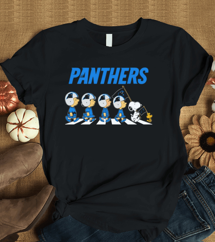 Peanuts Carolina Panthers Football Characters Walking With Flag T-Shirt