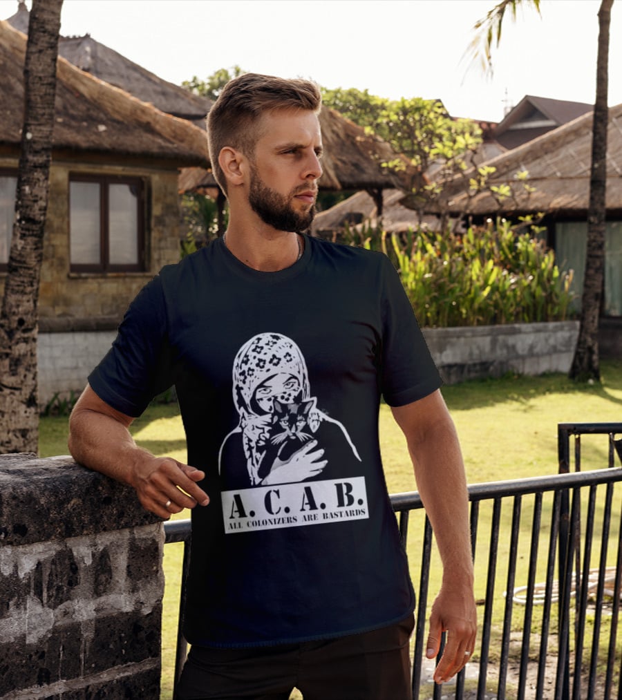 A.C.A.B. All Colonizers Are Bastards Protest Image With Floral Hijab Woman And Cat T-Shirt