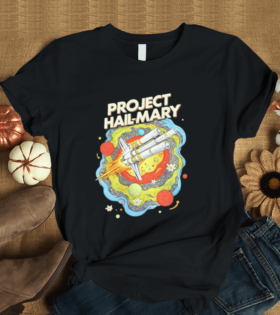 Project Hail Mary Rocket Launching Through Colorful Space Planets T-Shirt