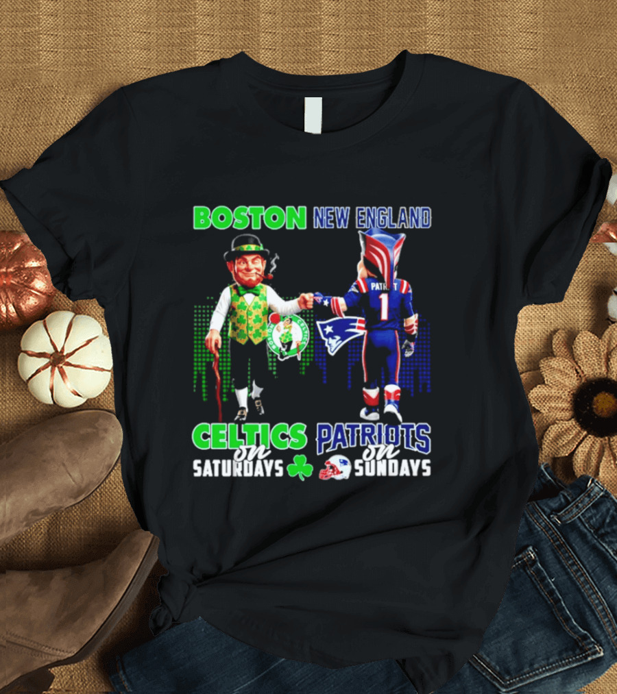 Boston Celtics Saturdays And New England Patriots Sundays Skyline T-Shirt