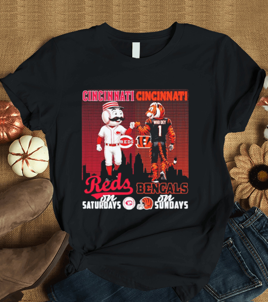 Cincinnati Reds Saturdays Vs Bengals Sundays City Mascots Skyline T-Shirt