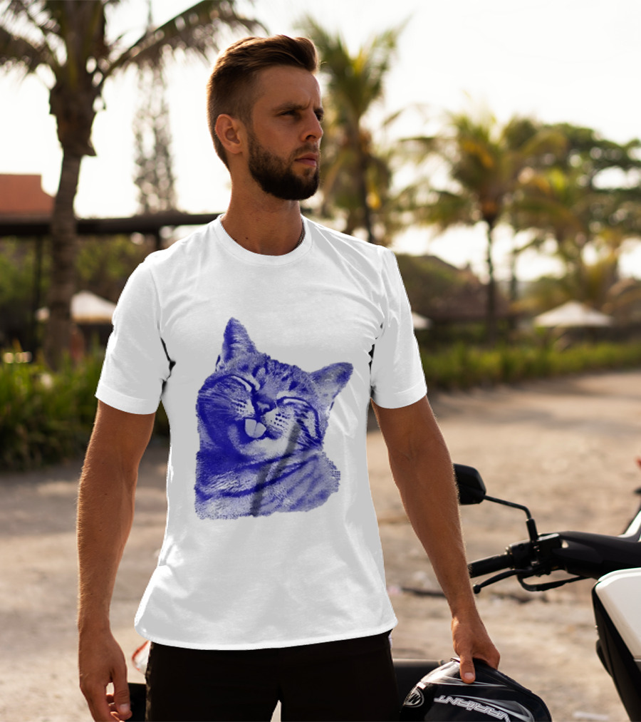 Playful Cat Sticking Out Tongue In Blue Tint T-Shirt