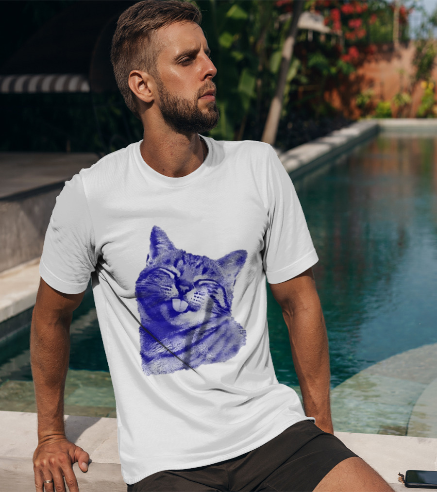 Playful Cat Sticking Out Tongue In Blue Tint T-Shirt