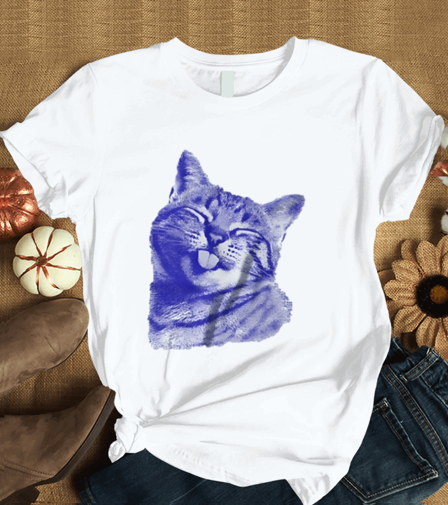Playful Cat Sticking Out Tongue In Blue Tint T-Shirt