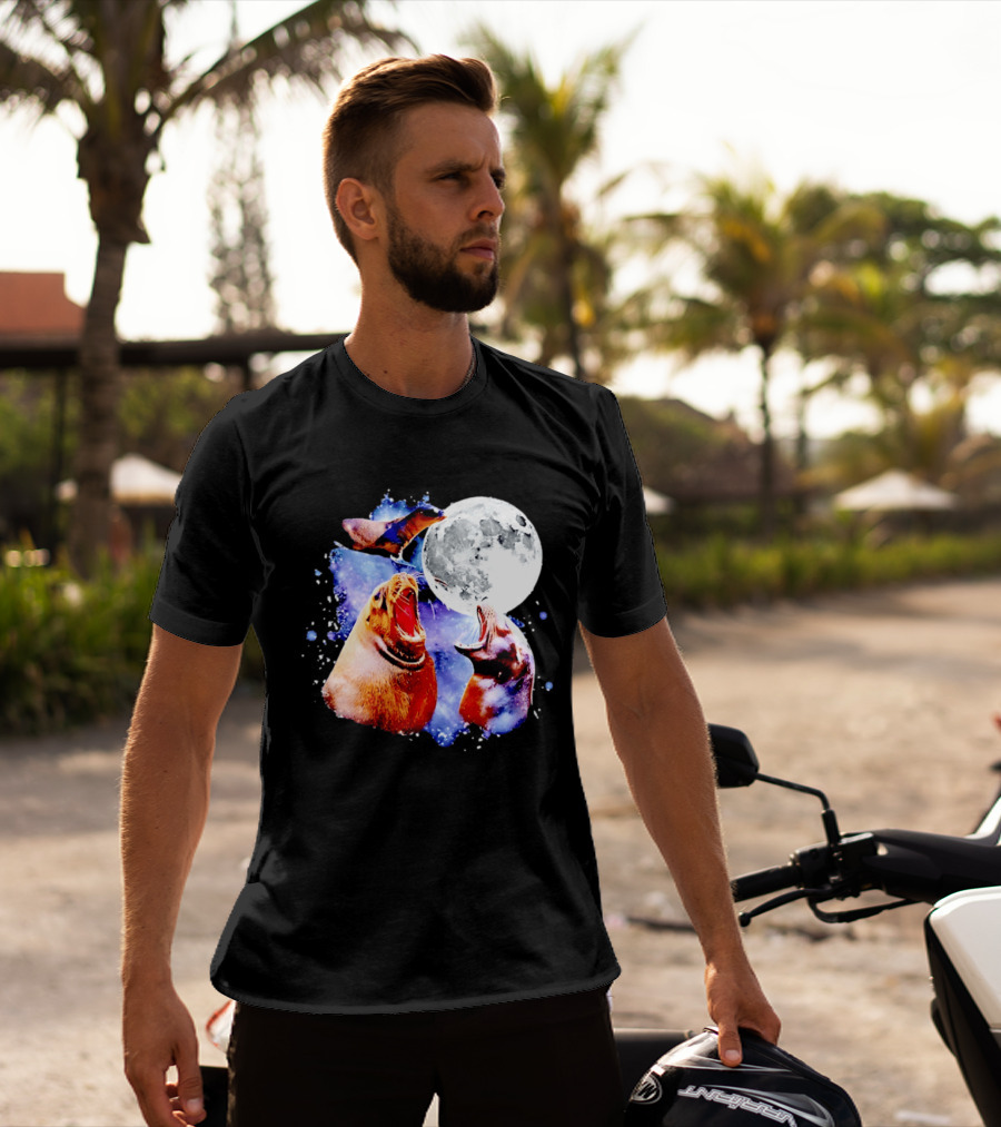 Sea Lion Trio Howling At The Moon In Outer Space Scene T-Shirt