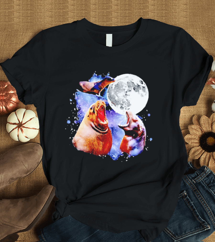 Sea Lion Trio Howling At The Moon In Outer Space Scene T-Shirt