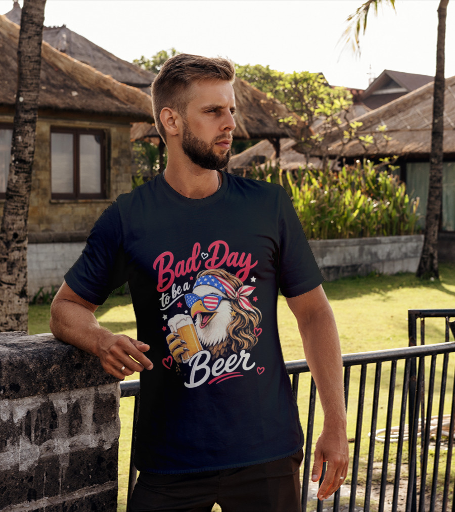 Bad Day To Be A Beer Patriotic Bald Eagle With American Flag Bandana And Heart Accents T-Shirt