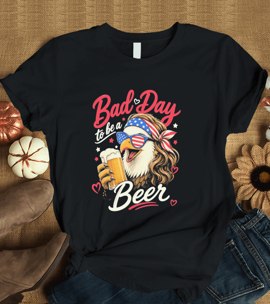Bad Day To Be A Beer Patriotic Bald Eagle With American Flag Bandana And Heart Accents T-Shirt