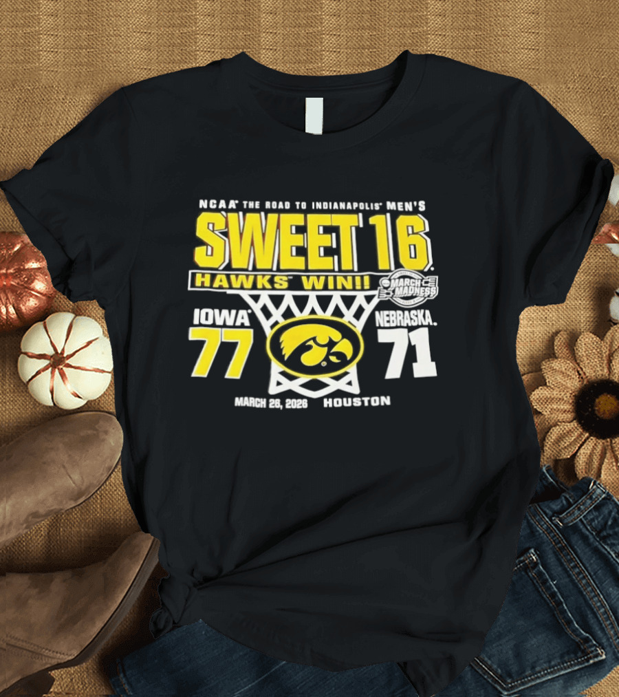 NCAA March Madness The Road To Indianapolis Men's Sweet 16 Hawks Win Iowa 77 Nebraska 71 March 25 1989 Houston T-Shirt