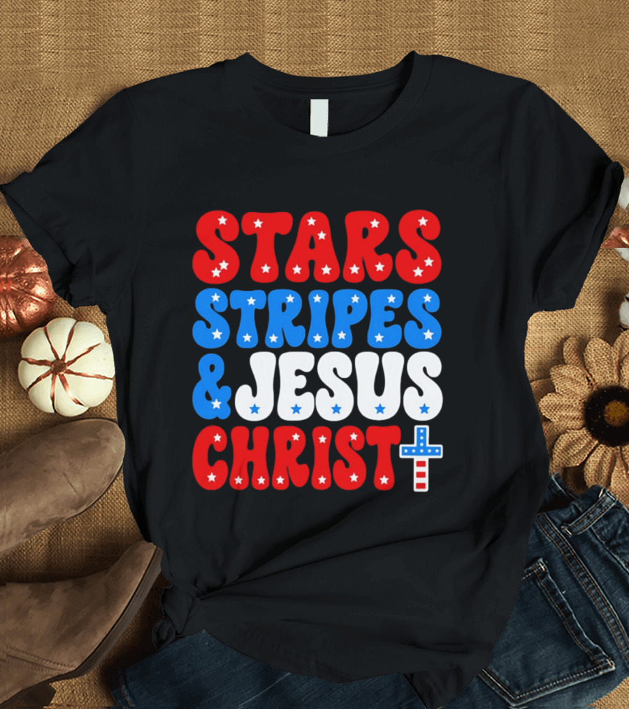 Patriotic Stars Stripes Jesus Christ Christian Faith Cross T-Shirt