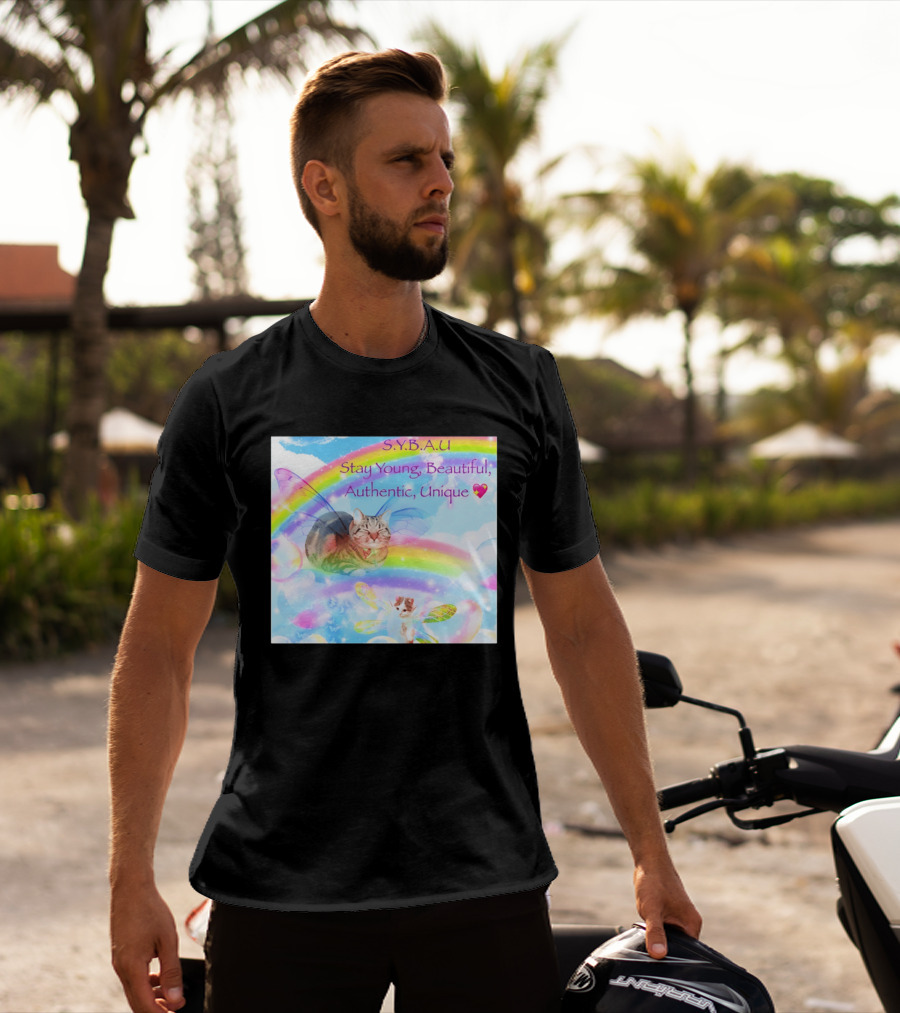 S.Y.B.A.U Stay Young Beautiful Authentic Unique Cat Rainbow Wings T-Shirt