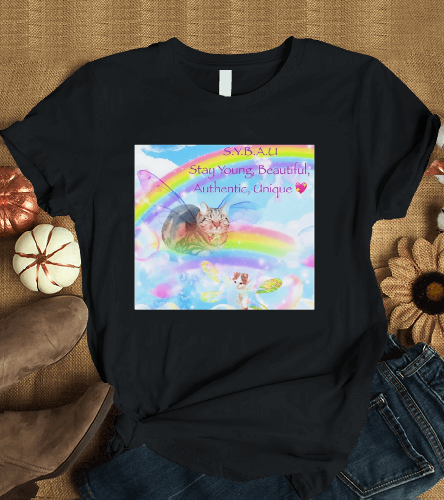 S.Y.B.A.U Stay Young Beautiful Authentic Unique Cat Rainbow Wings T-Shirt