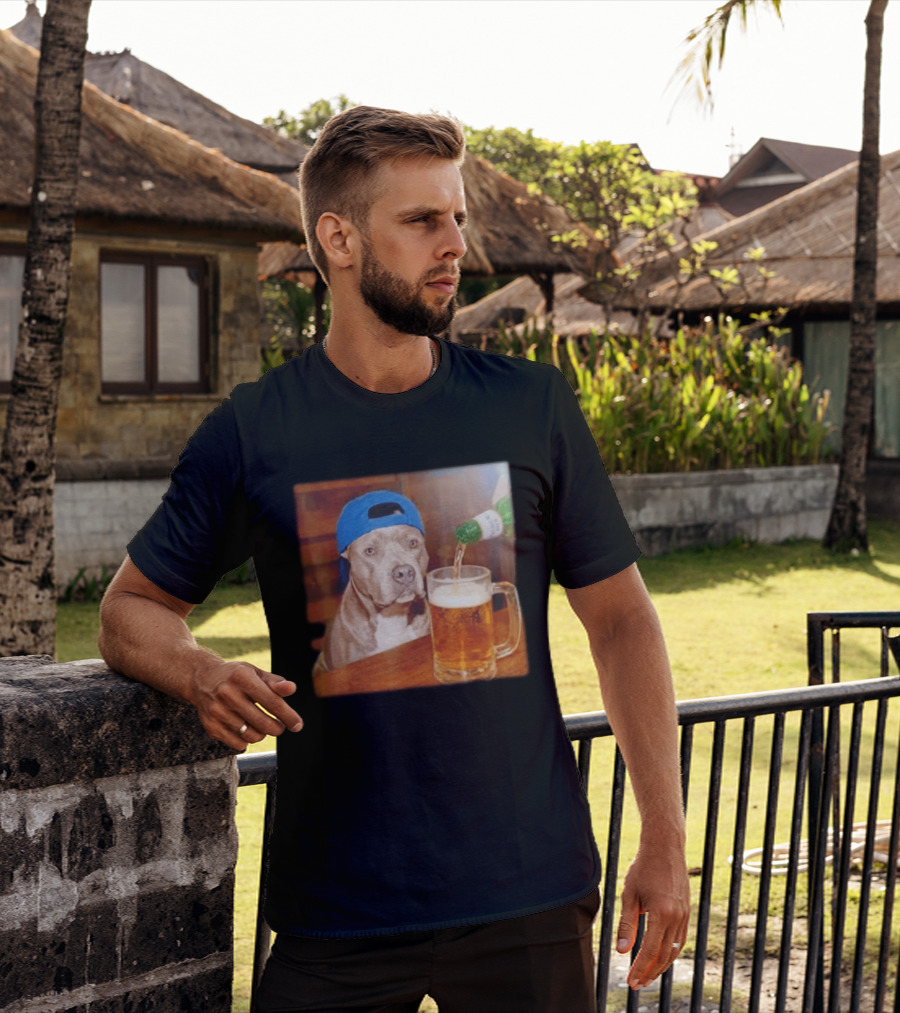Pit Bull Drinking Beer Blue Cap Meme T-Shirt
