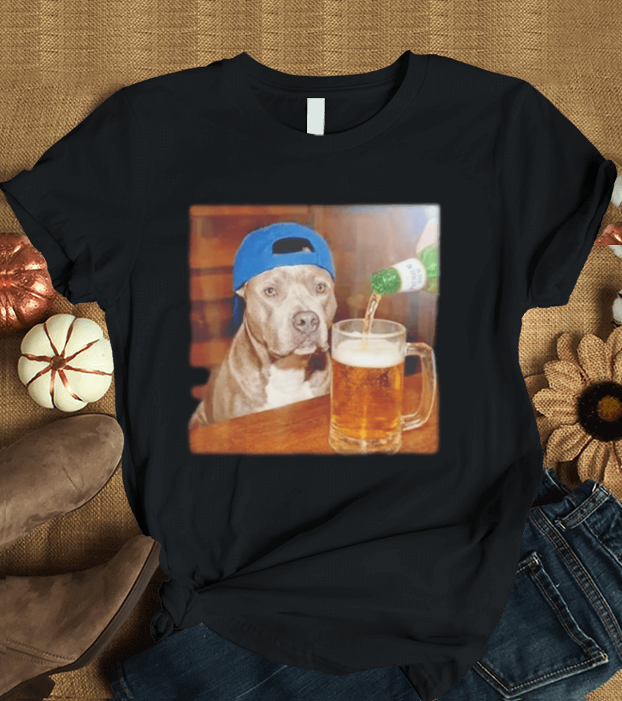 Pit Bull Drinking Beer Blue Cap Meme T-Shirt