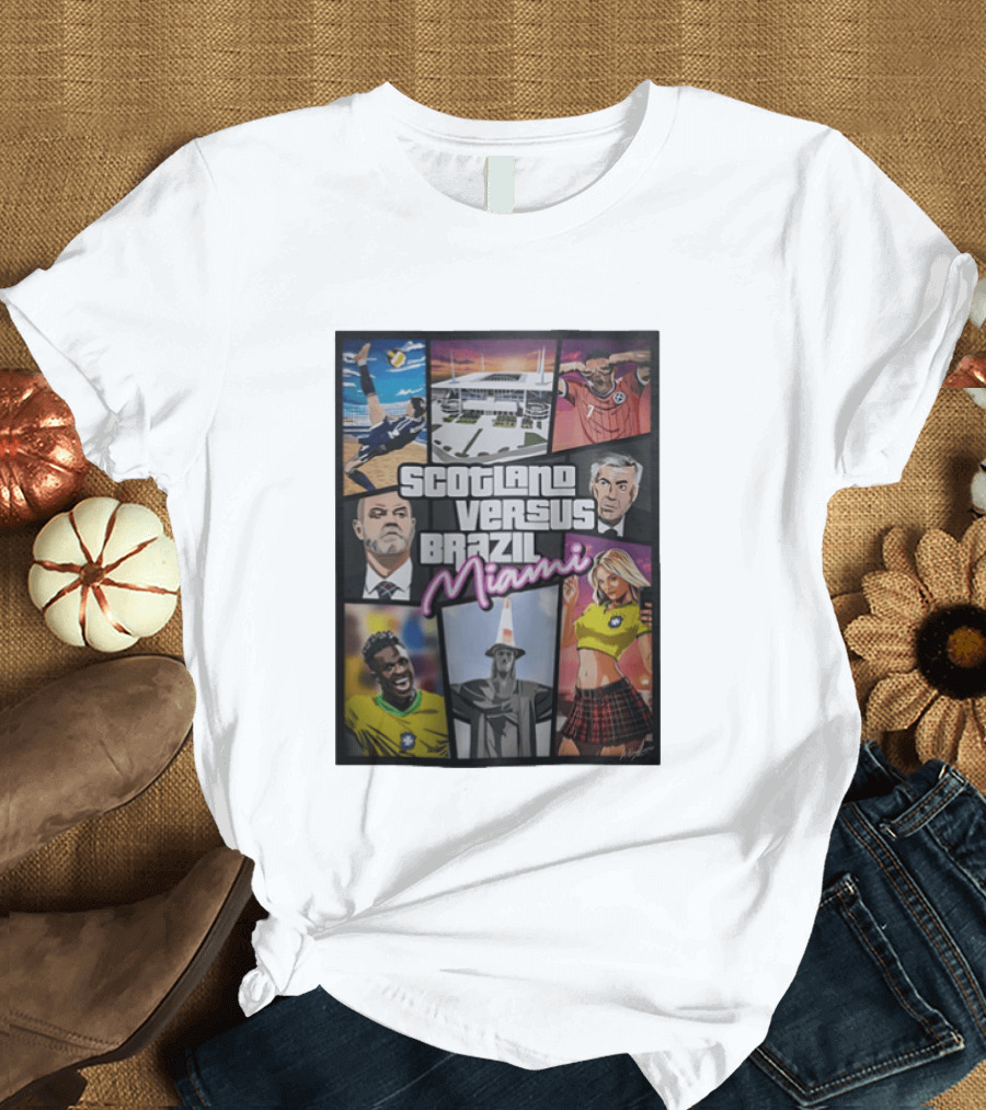 Scotland Versus Brazil Miami Comic Style Soccer Matchup T-Shirt