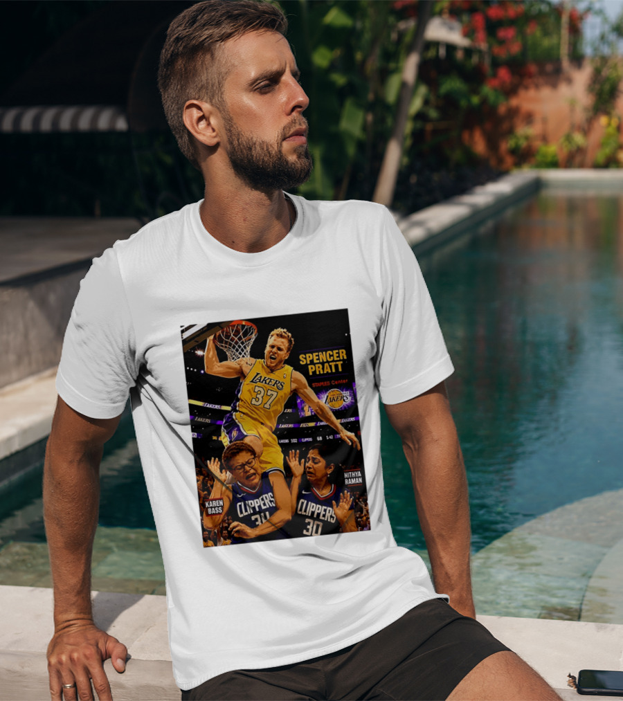 Los Angeles Lakers Spencer Pratt Dunks Staples Center Clippers Karen Bass Nithya Raman T-Shirt