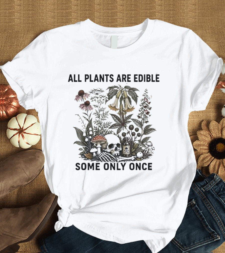 All Plants Are Edible Botanical Humor Mushroom And Bellflower Dark T-Shirt