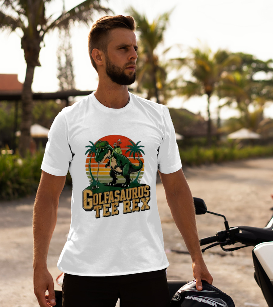 Golfasaurus Rex Rex Dinosaur Playing Golf Sunset Palm Trees T-Shirt