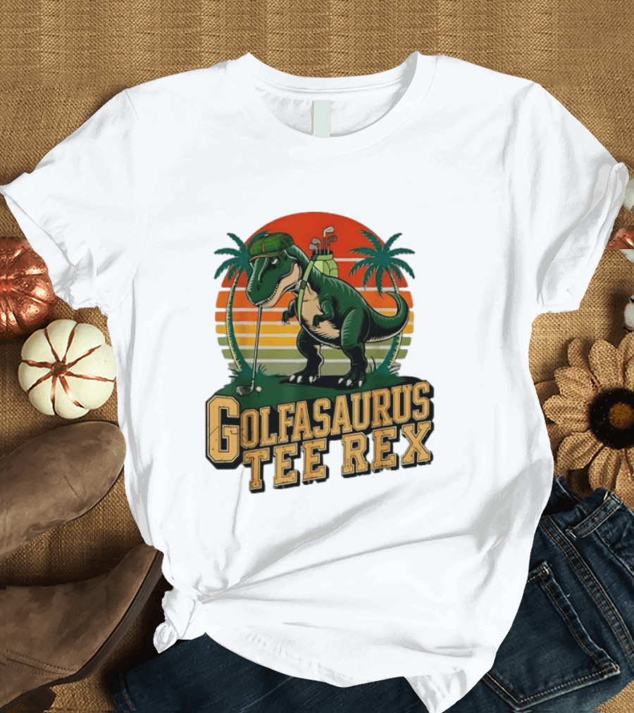Golfasaurus Rex Rex Dinosaur Playing Golf Sunset Palm Trees T-Shirt