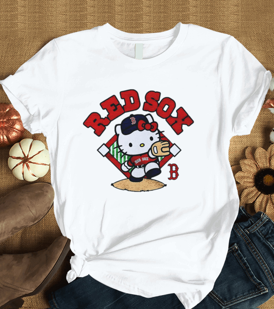 Hello Kitty Boston Red Sox Baseball 2026 MLB Throwback Red Sox And B Cap T-Shirt