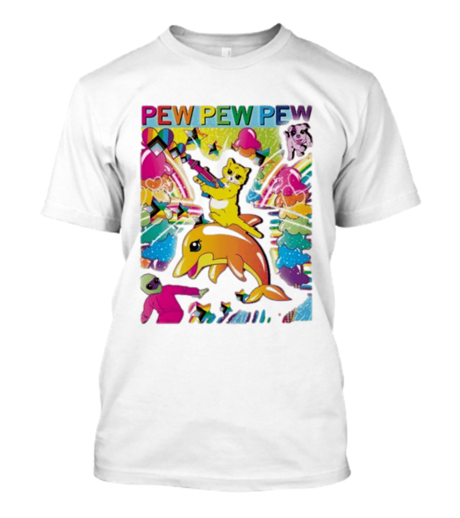 Pew Pew Pew Colorful Cat Dolphin Alien Rainbow T-Shirt